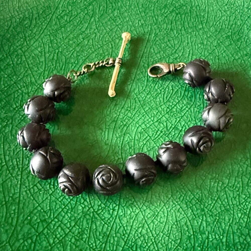 Gothic Black Rose Beaded Bracelet with Bone Charm